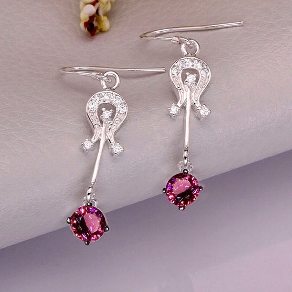 925 Silver Plated Emblem Pink CZ Earrings - Picture 2 of 7